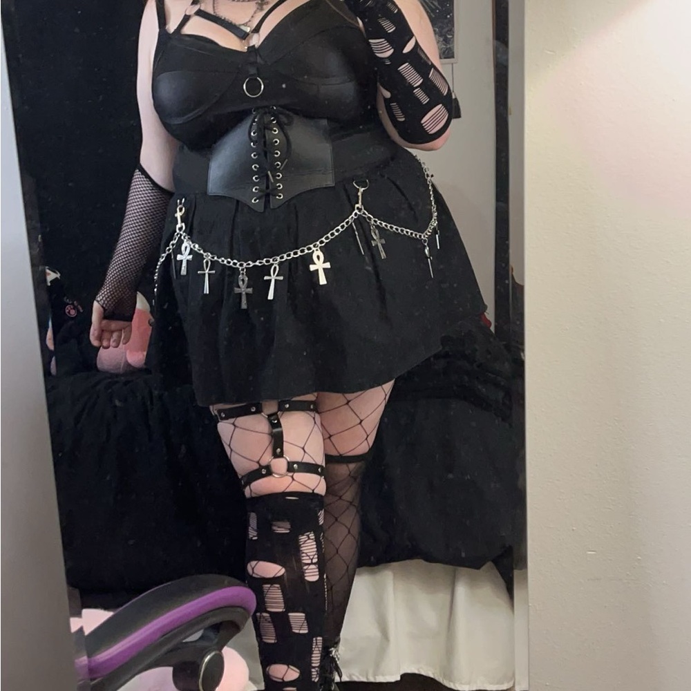 Dolls Kill Black Skater Mini Skirt with Silver Cross Chain
